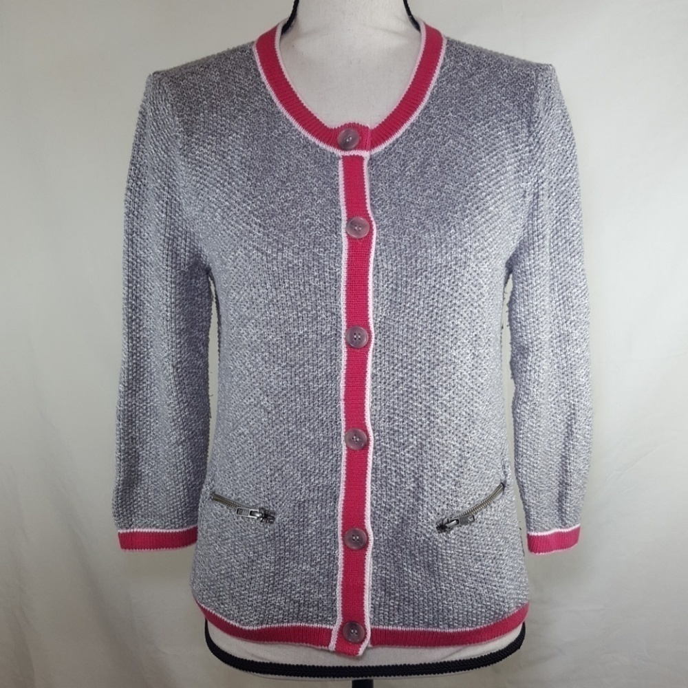 HALOGEN Gray White Pink Button-Up Sweater 3/4 Sleeve Office Church, Medium